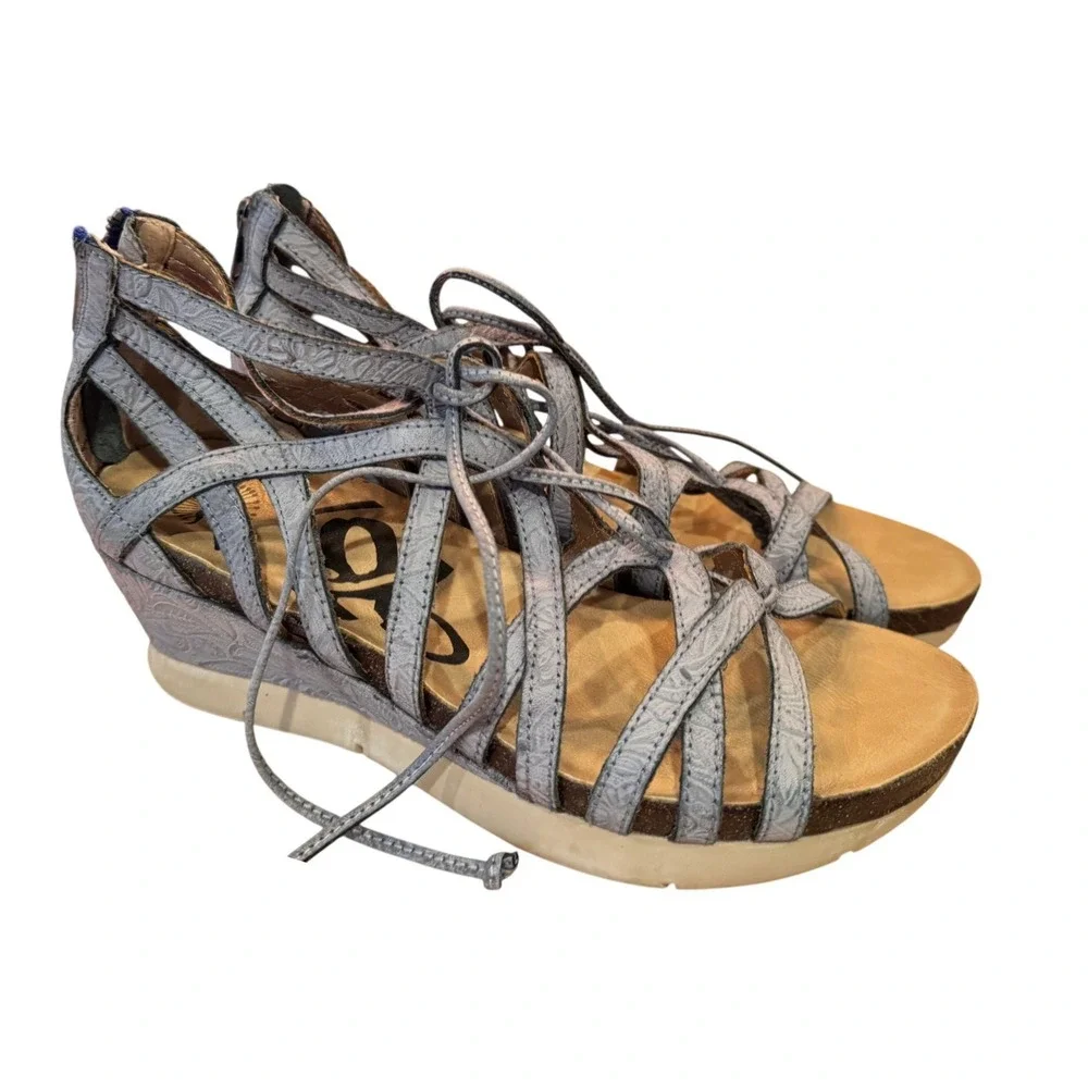 Otbt Nomadic‎ 10M Gladiatress Leather Wedge Sandals Blue Lace Up Zip boho